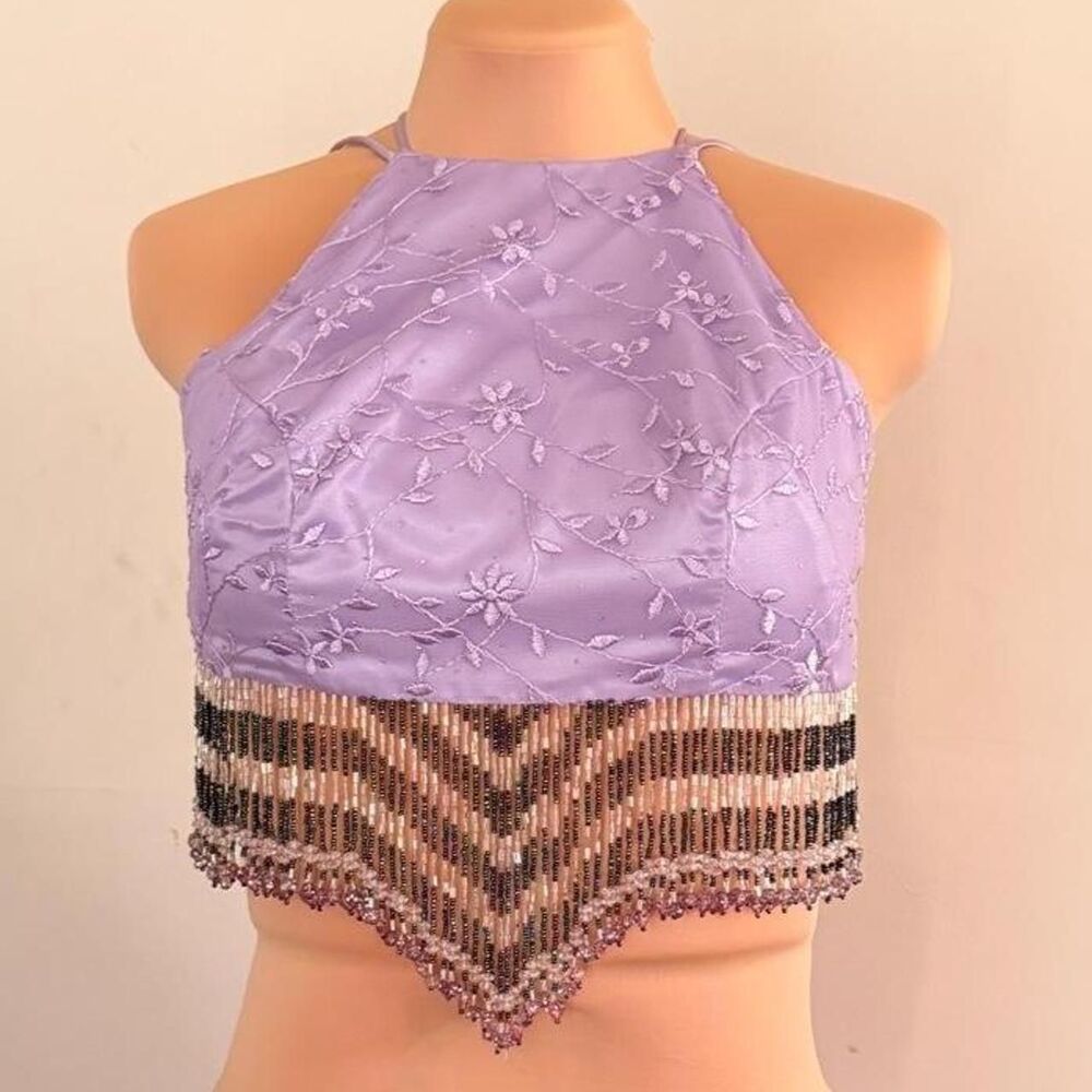 RARE 2000s Deadstock Vintage Kiki USA Beaded Fringe Halter Crop Top Size S